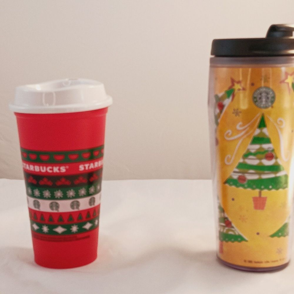 Vintage Starbucks 2002 Barista Tree Christmas Holiday Tumbler Yellow Gold‎ & Cup